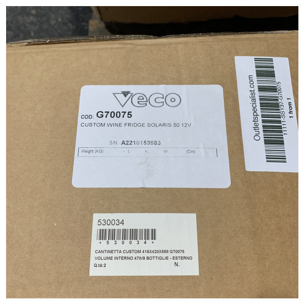 Vecoステンレススチールビルトイン9本用ワインセラー40L - 416 x 420 x 558 mm - G70075 12V 