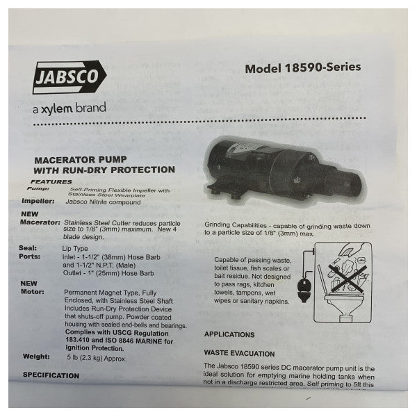 Jabsco 18590-2094 Black Water Self Priming Macerator Pump 24V 