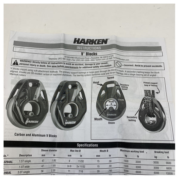 Harken Aluminium V-Loop Block 5T - 3296AL 62mm 