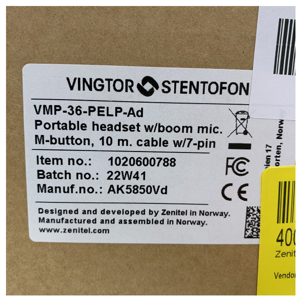 Zenitel headset met boom microfoon hoofdband en 10m kabel - VMP-36-PELP-AD 