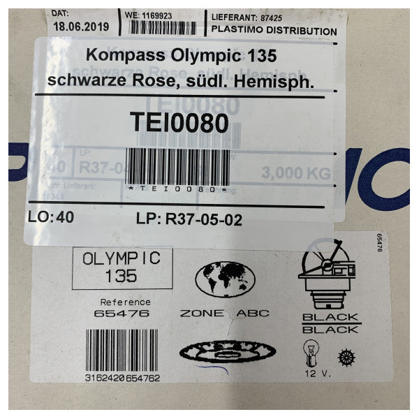 Plastimo Olympic 135 Flüssigkeitskompass mit schwarzem Zifferblatt 12/24V - 19346 