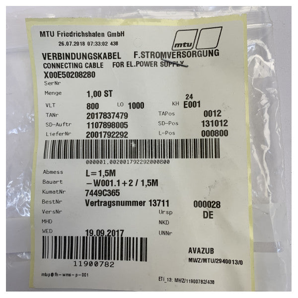 MTU X00E50208280 Yhteyskaapeli EL-virransyöttömoottorille 