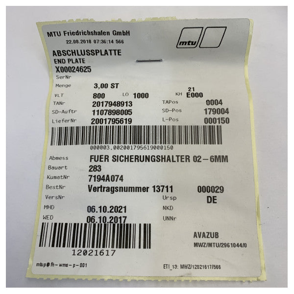 MTU X00024625 End Plate til sikringsholder Orange 