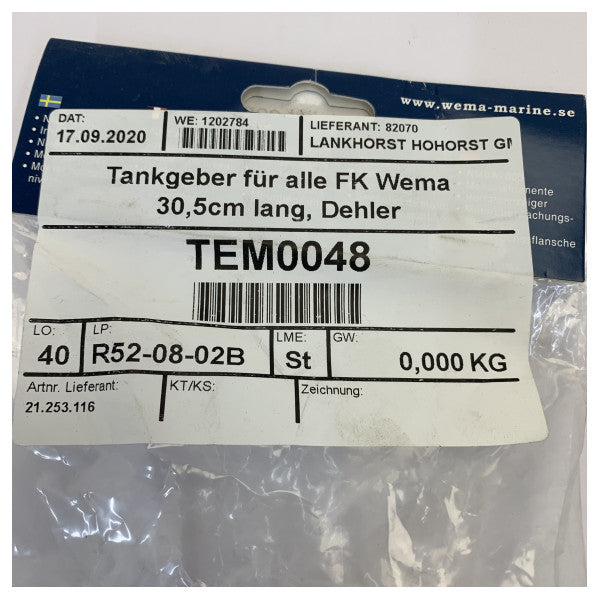 Wema rustfrit stål tankniveau sensor 305 mm S3H 230 - 30 Ohm - 126712 