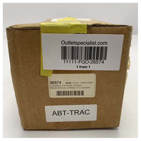 The ABT-Trac proportional hydraulic bowthruster joystick control - 26574 is a device used for controlling the bowthruster on a boat or ship. It utilizes hydraulic technology and a joystick for precise and proportional control of the bowthruster's movement