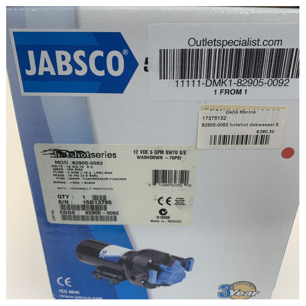 Jabsco 82905-0092 Hotshot Deckwashpump Kit 5.0 12V 18.9L/M