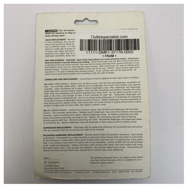 Jabsco 37176-0000 Service Kit for Marine Pumps Original Part