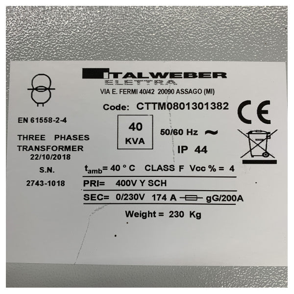 Italweber 3-Phase Transformer 40 kVA 400 - 230V 175A N7085/ST - EN61558-2-4 