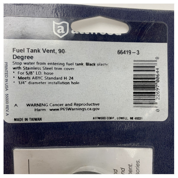 アットウッドマリン燃料タンクベント90度ステンレススチールカバー付き5/8インチホース用 