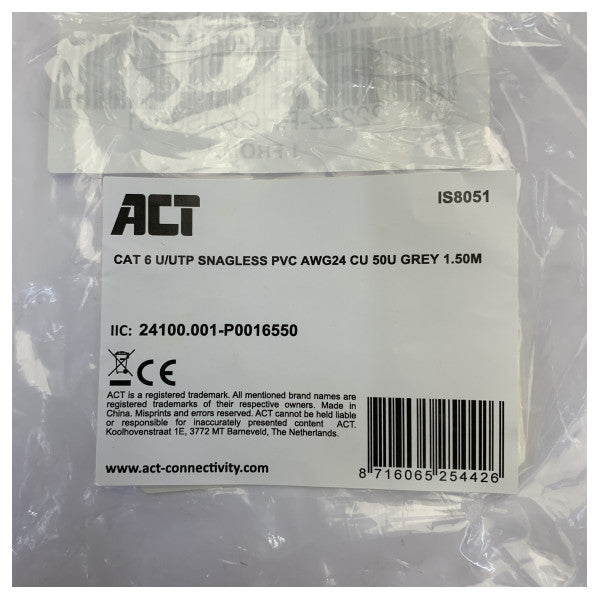 Advanced Cable Technologies Cat6 U/UTP Ethernet-patch-kaapeli 1,5 m harmaa IS8051 