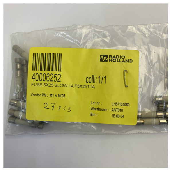 Staklena osigurač 5x25mm sporo-topivi 1A - F5X25T1A - Set od 27 komada 