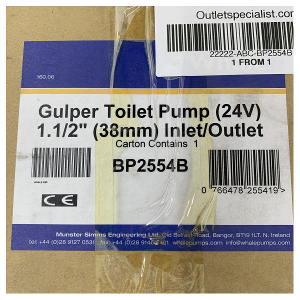 Whale Gulper Black Water Pump 24V - BP2554B - 25 / 38mm / 18L/min