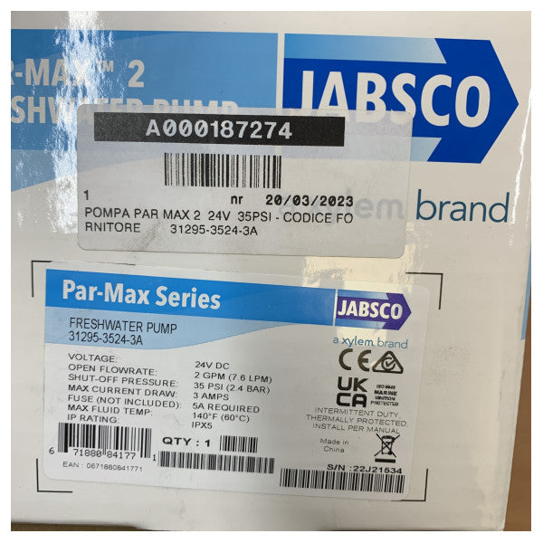 Pompa Jabsco Par-Max 2 per acqua dolce 24V 35PSI 7.6L/min - 31295-3524-3A 