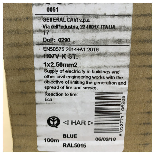 Генеральний Кабель Cavi H07V-K 2.5мм Гнучкий Монтажний Синій 