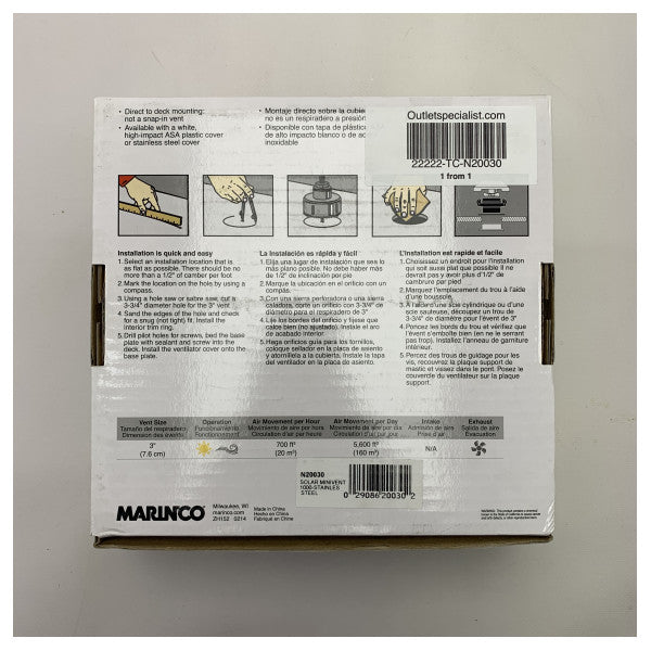 Marinco solar Minivent 1000 stainless steel 3 inch ventilator
