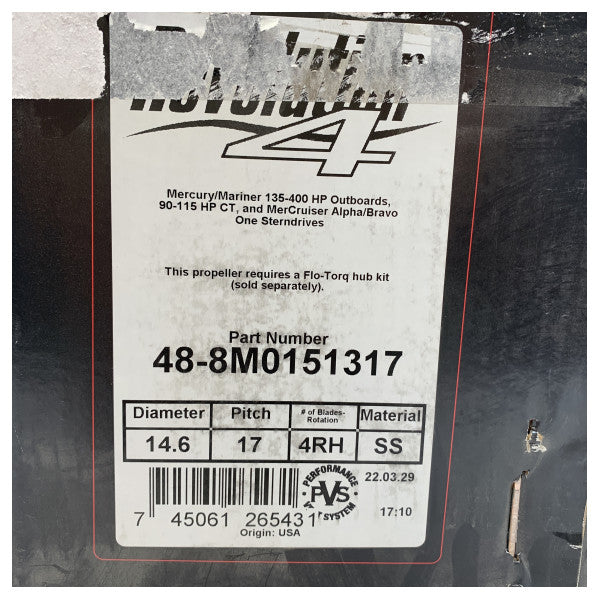 Hélice Mercury Revolution de 4 pás em aço inoxidável 14,6 x 17P CR