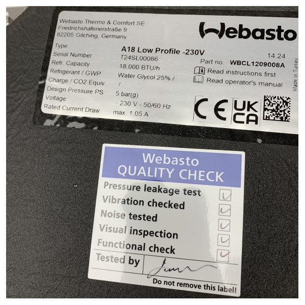 Webasto A18 18000 btu low profile air handler - 230V - 50/60Hz - WBCL1209008A