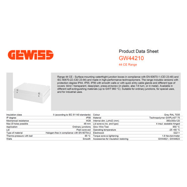 Gewiss IP56 グレー電気ジャンクションボックス 380 x 300 x 120 mm - GW 44 210