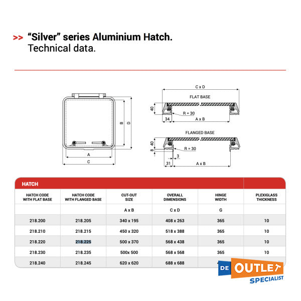 Nemo silver series aluminium deck hatch 500 x 370 mm - 218.225