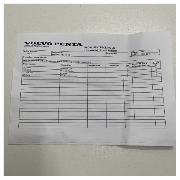 طقم مصفاة مياه البحر Volvo Penta 2.5 بوصة | طقم فلتر مياه البحر - 23224983