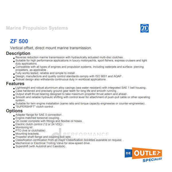 Nouveau rapport ZF Marine ZF500 1: 1,125 Transmission de boîte de vitesses marines - 3216002103