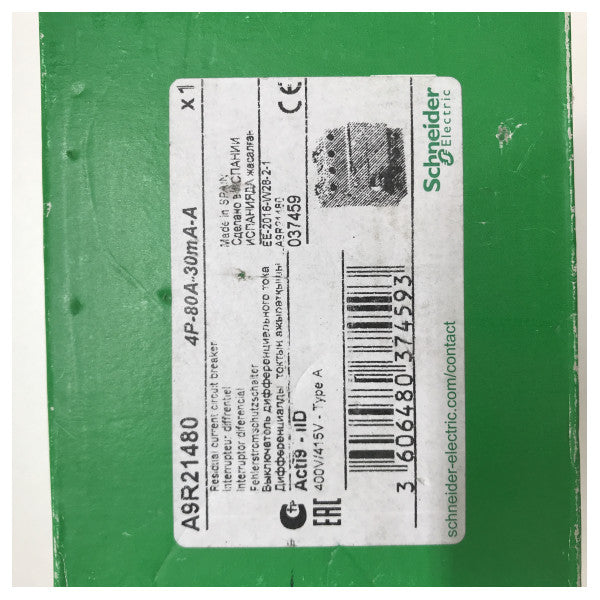 Schneider Electric A9R21480 Earth Leckage Circuit Breaker 4p 80A 30 Ma