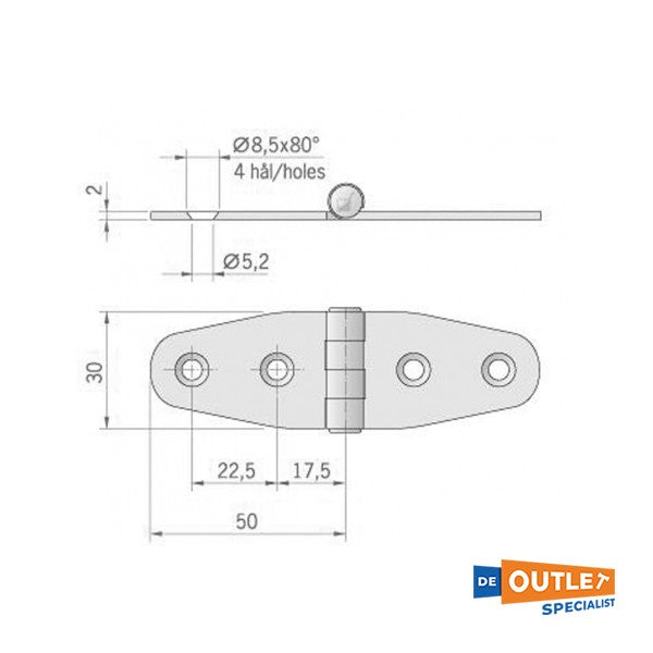 Roca Hinge en acier inoxydable 100 x 30 mm d'argent