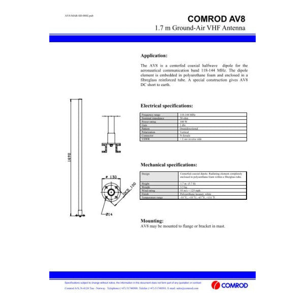 Antenne COMROD VHF AV8 1,7 M 2 DBI 118-144 MHz