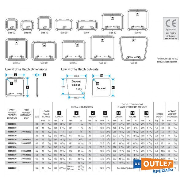 Lewmar Taille 44 Hatche d'aluminium de profil moyen 512 x 512 mm