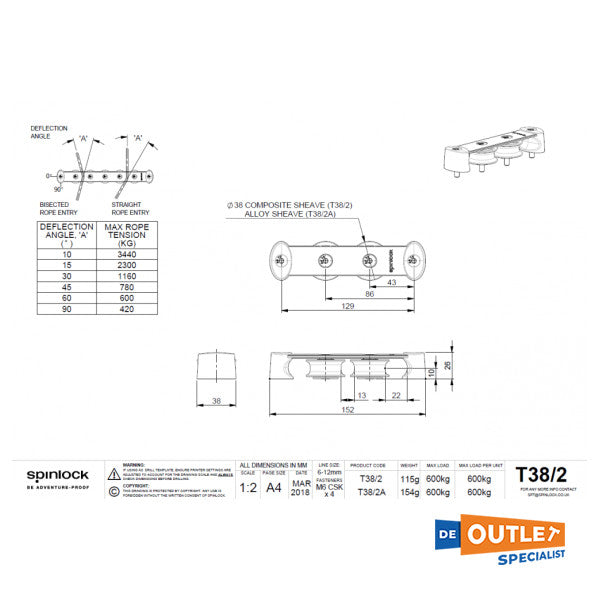 Spinlock T38 2-SHEAGE DEST ORGANISANT 38 mm - 12 mm Ligne