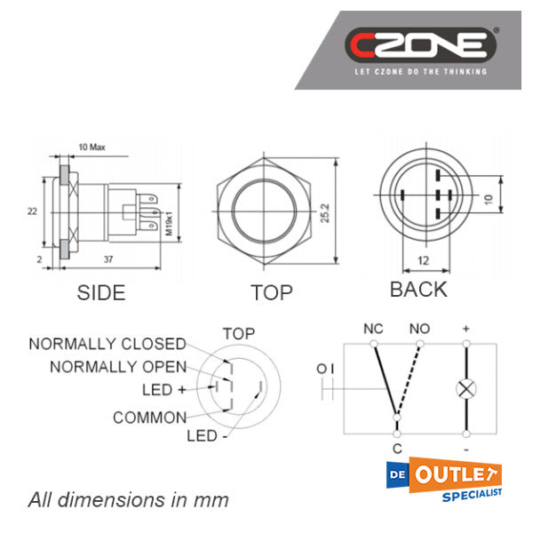 Interrupteur Czone Push On / Off Red 5A-80-911-0060-00