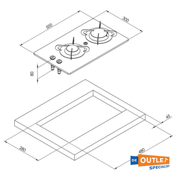 Can 2 -Bourner Gas Gub con vidrio de cerámica 480 x 280 - PV1357