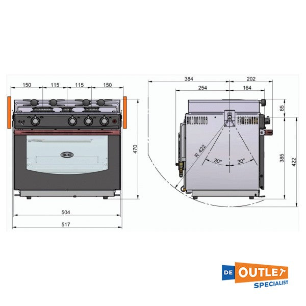 Cuissier à gaz à 3 brûleur en mer en open mer avec four en acier inoxydable