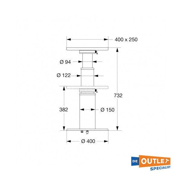 Barka 2-stage elektrisch verstelbare RVS tafelpoot 382 - 732 mm 24V